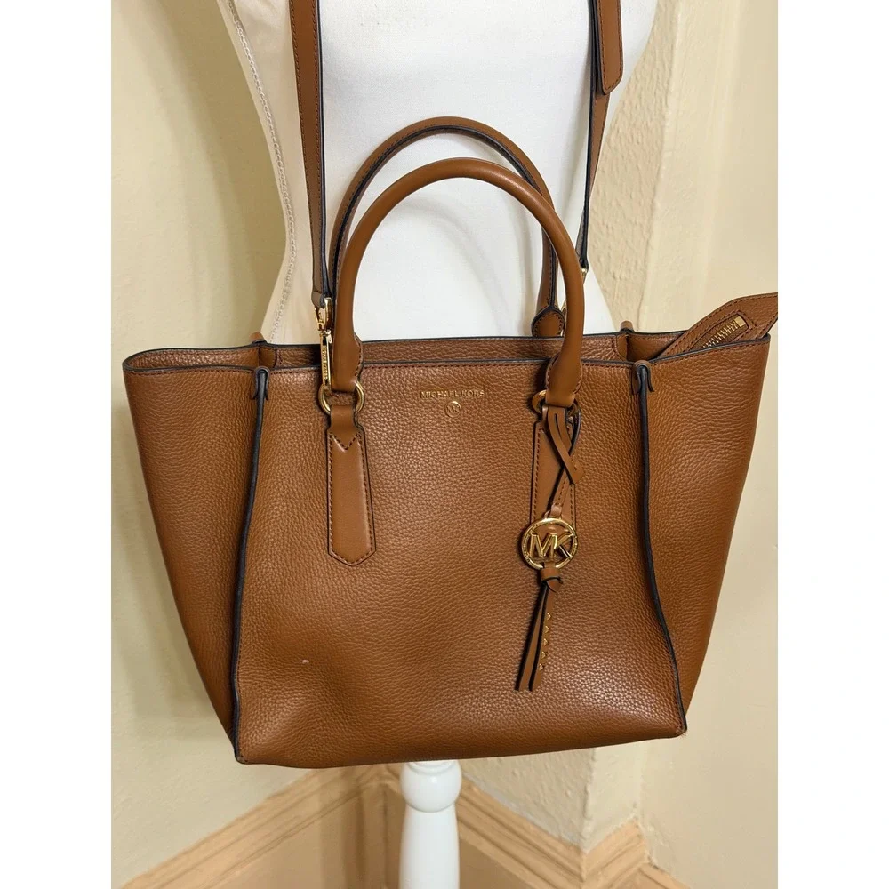 Michael Kors Pebbled Leather Satchel Bag Luggage Brown Gold Tone Hardware